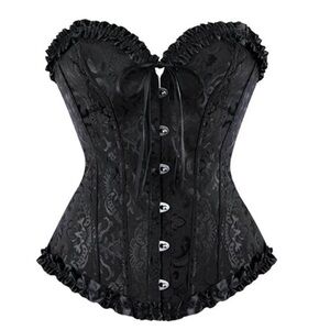 Women Satin Overbust Lace Up Boned Black Corset Shapewear Outfit Size S